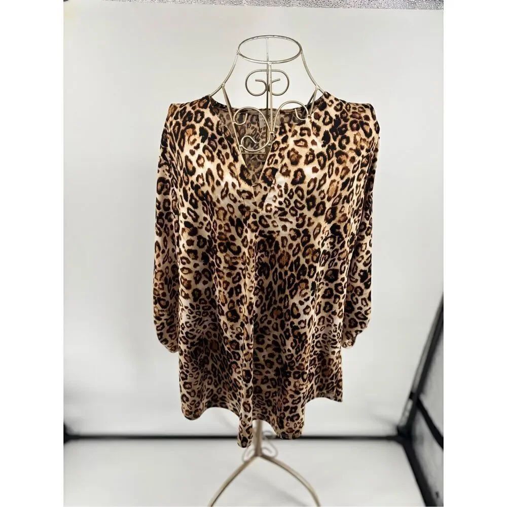 Month of Sundays Leopard Print Roll Tab 3/4 Sleeve Top Size 1X